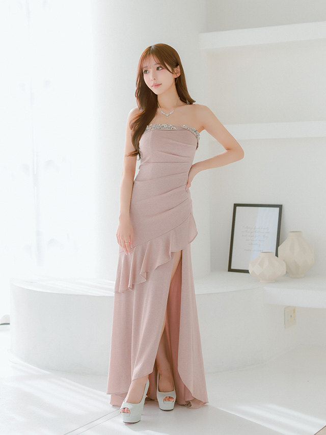 キャミソール ビジュー フリル ラッフルデザイン ベアトップ スリットビジュー ラメタイトロングドレスのイメージ画像2