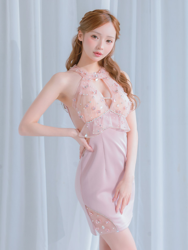 フェミニン バストカット ホルターネック くびれ透け フラワー レース フリル ビジュー タイトミニドレスのイメージ画像3