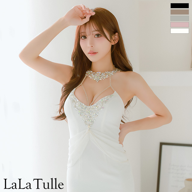 ホルターネック ビジュー パールチェーン シフォンドレープ タイトミニドレスのメイン画像