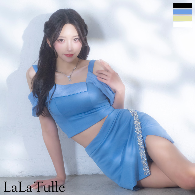 フェミニン 肩あき アシンメトリー ビジュー スリット セットアップ タイトミニドレスのメイン画像