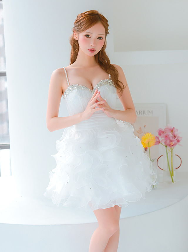 バースデー ベアトップス ハートカット キャミソール ビジュー パールチェーン ウエストマーク フリル フレアミニドレスのイメージ画像1