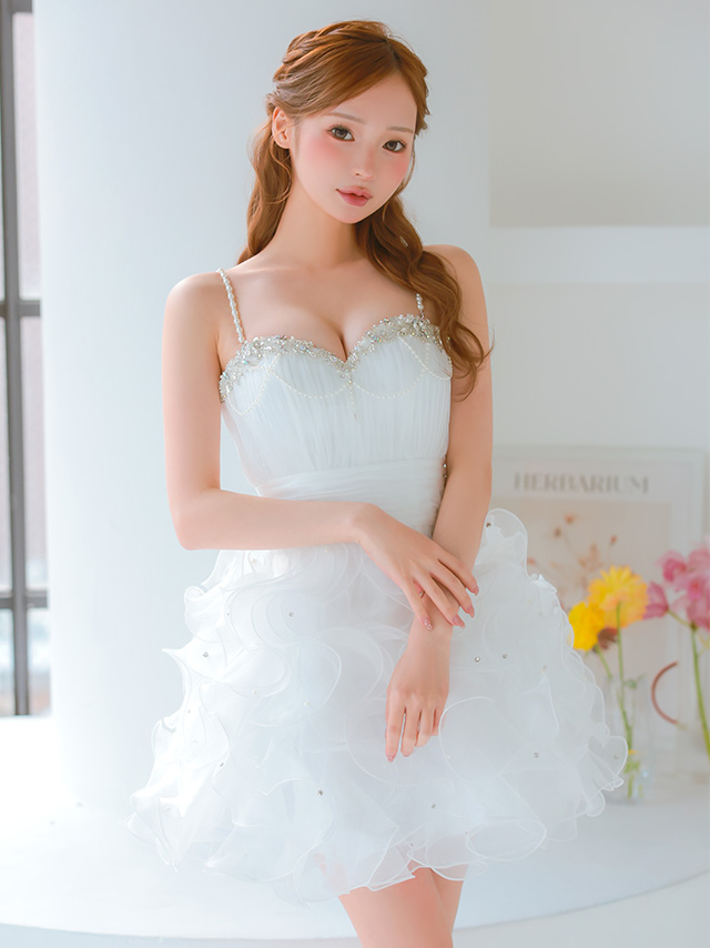 バースデー ベアトップス ハートカット キャミソール ビジュー パールチェーン ウエストマーク フリル フレアミニドレスのイメージ画像4