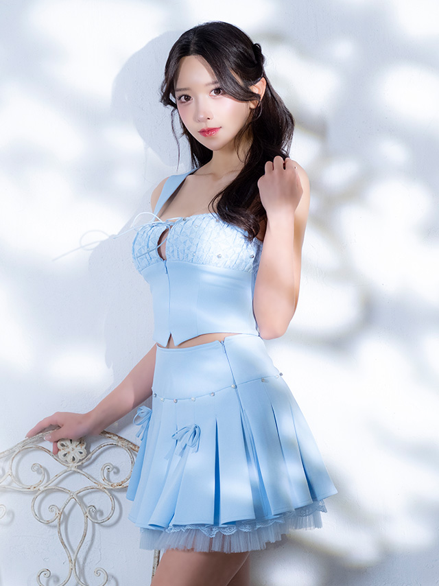 ガーリー ノースリーブ バストカット リボン チュール ビジュー プリーツ セットアップ フレアミニドレスのイメージ画像3