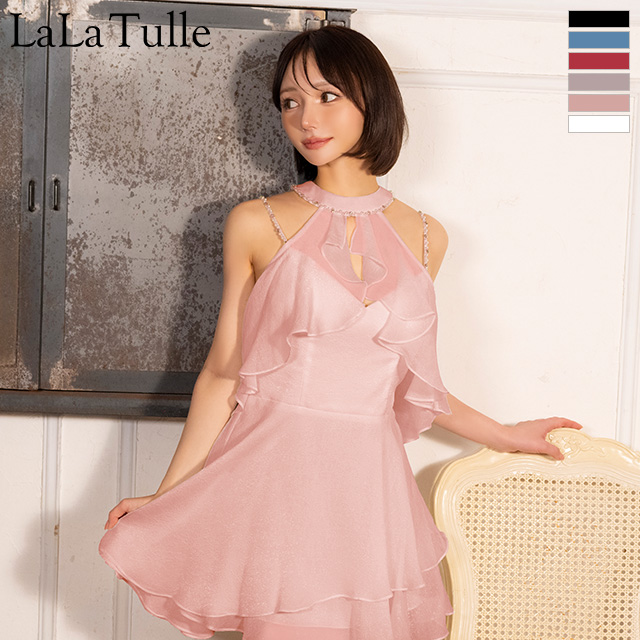 2way キャミソール ホルターネック ラメ ビジュー フレアミニドレスのメイン画像