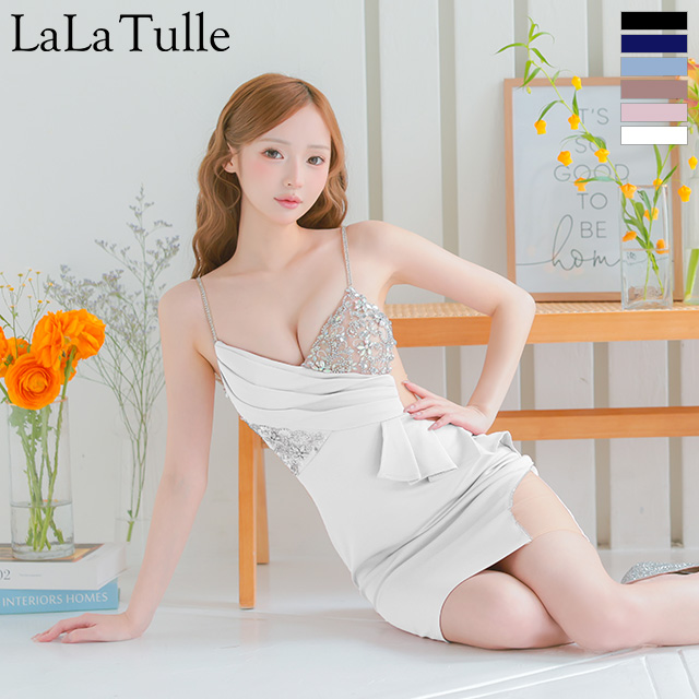 セクシー キャミソール オープンバスト ビジュー ウエストフリル くびれ透け タイトミニドレスのメイン画像