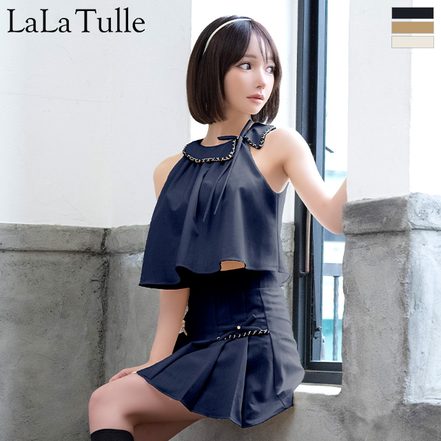 ノースリーブ セットアップ 襟付き プリーツスカート リボン チェーン ポケット フレアミニドレス のメイン画像