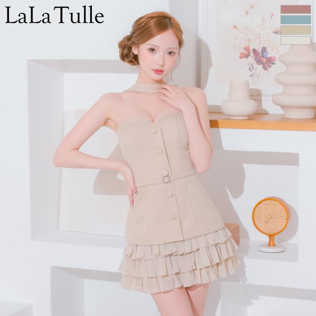 2way ベアトップ チョーカーデザイン ボタン ウエストベルト フリル フレアミニドレスのメイン画像