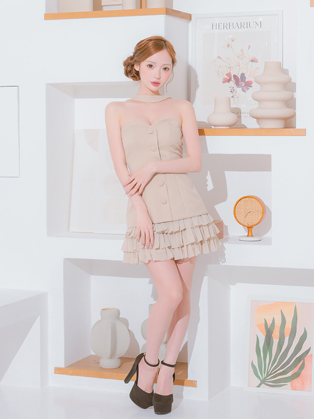2way ベアトップ チョーカーデザイン ボタン ウエストベルト フリル フレアミニドレスのイメージ画像2