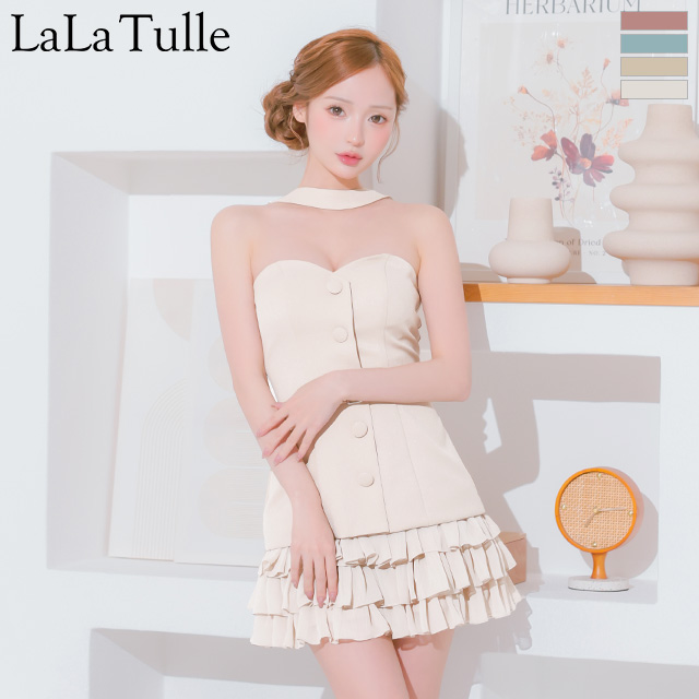 2way ベアトップ チョーカーデザイン ボタン ウエストベルト フリル フレアミニドレスのメイン画像