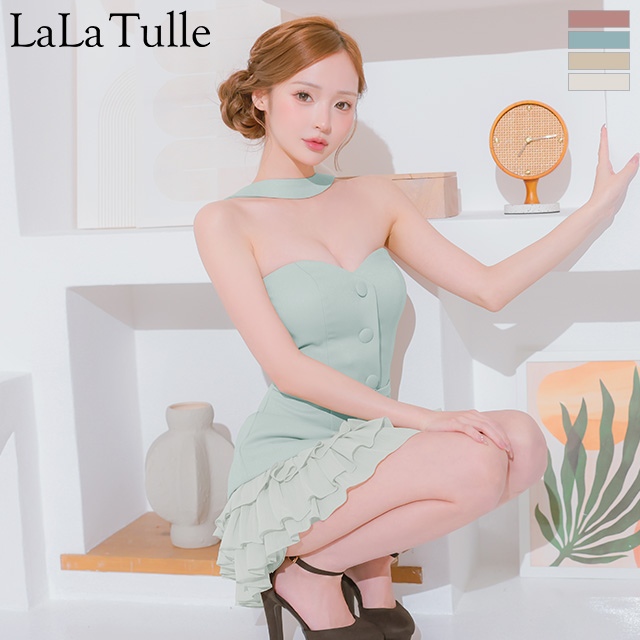 2way ベアトップ チョーカーデザイン ボタン ウエストベルト フリル フレアミニドレスのメイン画像