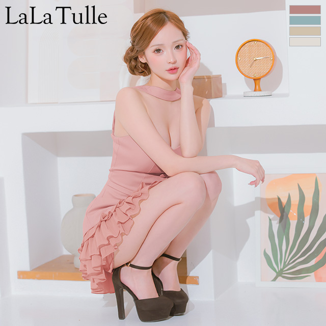 2way ベアトップ チョーカーデザイン ボタン ウエストベルト フリル フレアミニドレスのメイン画像