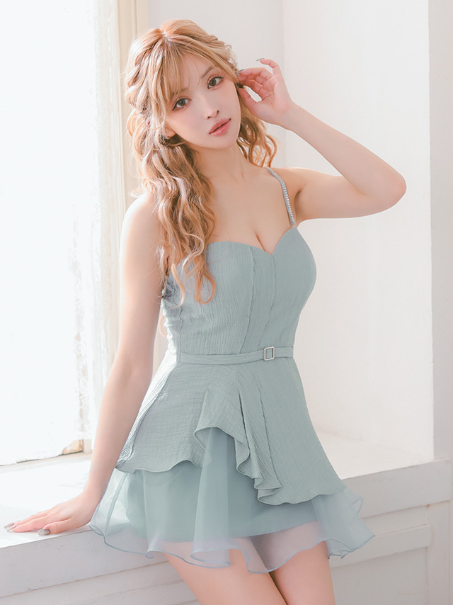 2way ベアトップ キャミソール ウエストベルトデザイン レイヤード フリル フレアミニドレスのイメージ画像1