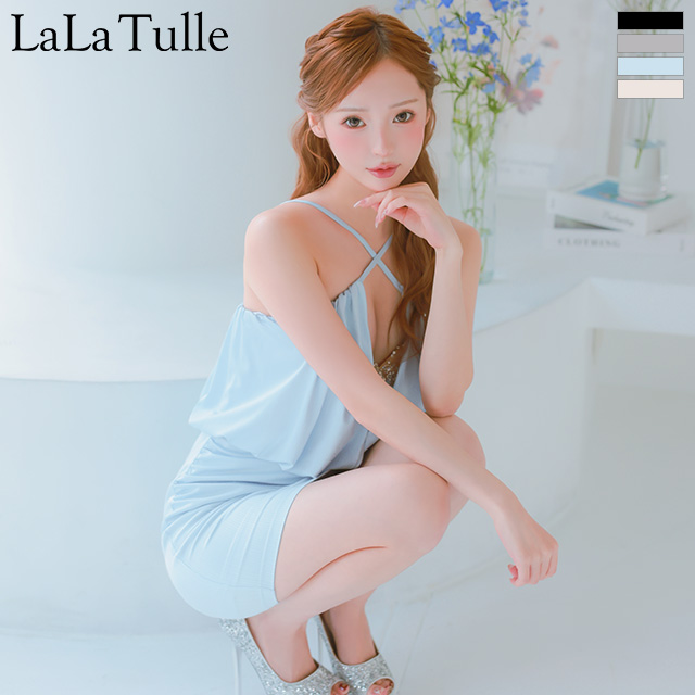 クロスデザイン キャミソール バストVカット ウエストタック ビジュー タイトミニドレスのメイン画像