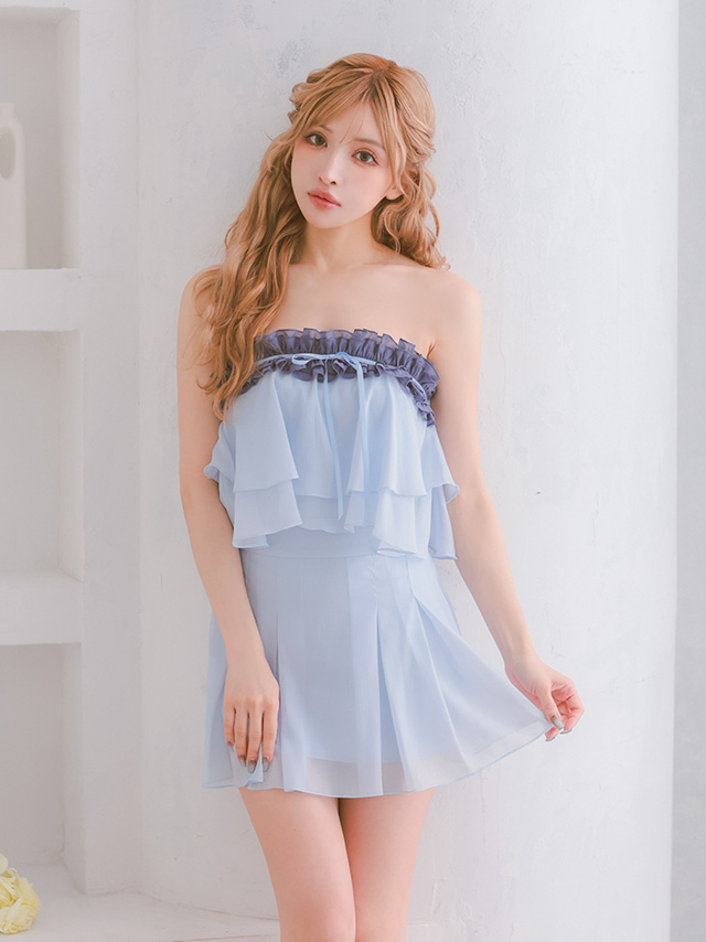 セットアップ シフォン フリル シアー リボン ベアトップ フェミニン フレアミニドレスのイメージ画像1