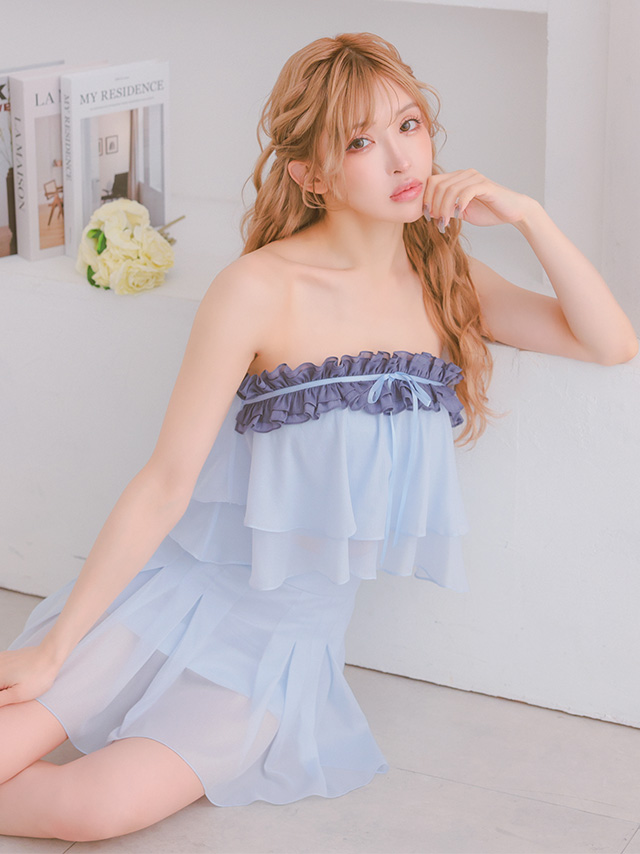 セットアップ シフォン フリル シアー リボン ベアトップ フェミニン フレアミニドレスのイメージ画像2