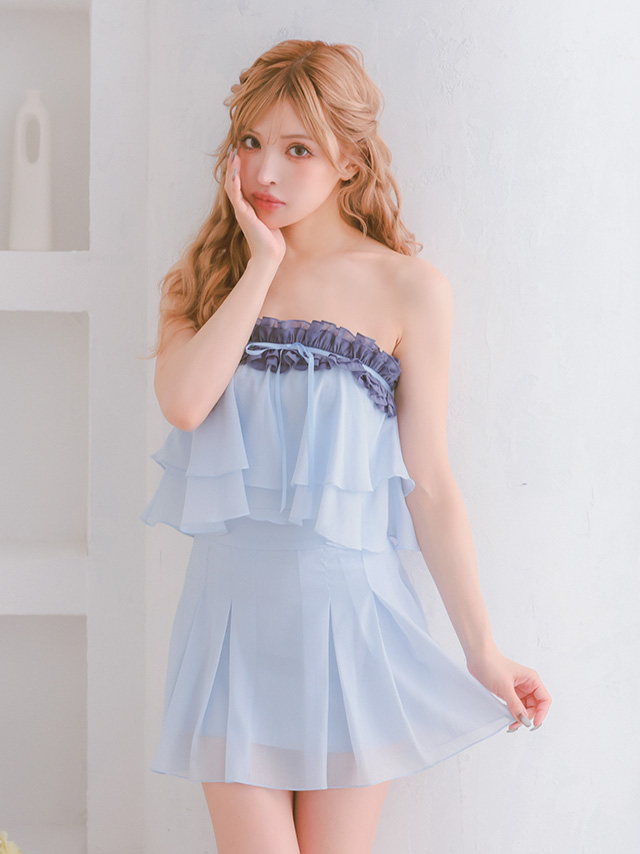セットアップ シフォン フリル シアー リボン ベアトップ フェミニン フレアミニドレスのイメージ画像3