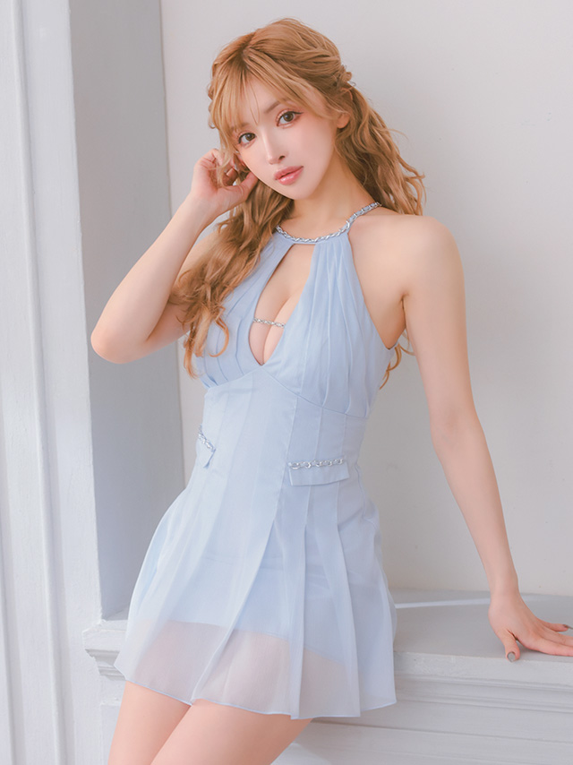 ホルターネック バストカット ビジューチェーン タック ポケット プリーツ フレアミニドレスのイメージ画像3