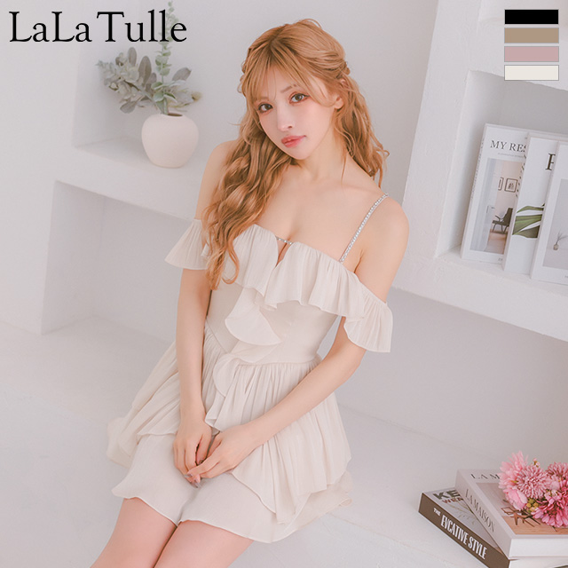オフショルダー 肩あき バストカット ビジューチェーン フリル シフォン フレアミニドレスのメイン画像