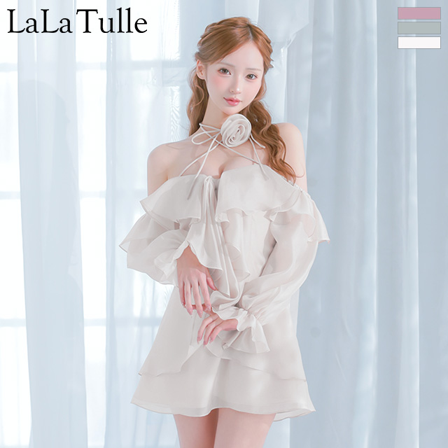 オフショルダー ネックストラップ フラワーモチーフ フリル 長袖 フェミニン フレアミニドレスのメイン画像