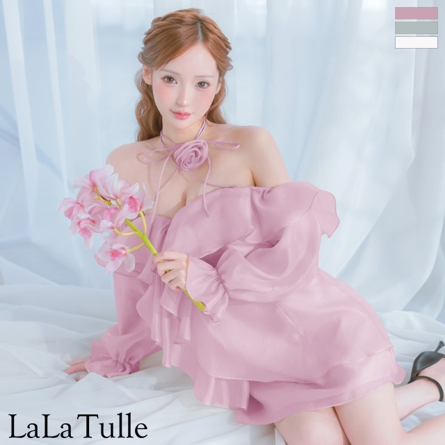 オフショルダー ネックストラップ フラワーモチーフ フリル 長袖 フェミニン フレアミニドレスのメイン画像