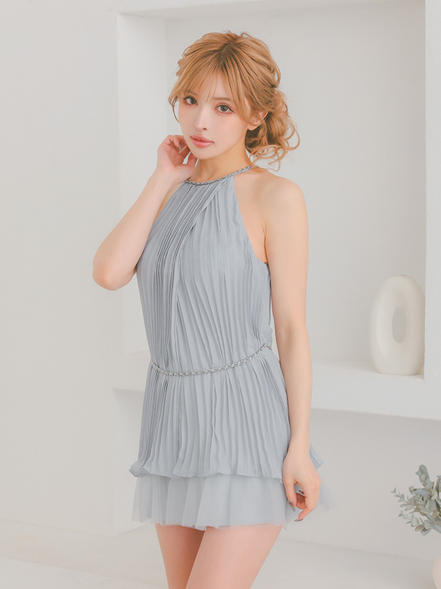 ホルターネック チェーン ベルト プリーツ フリル フレアミニドレスのイメージ画像3