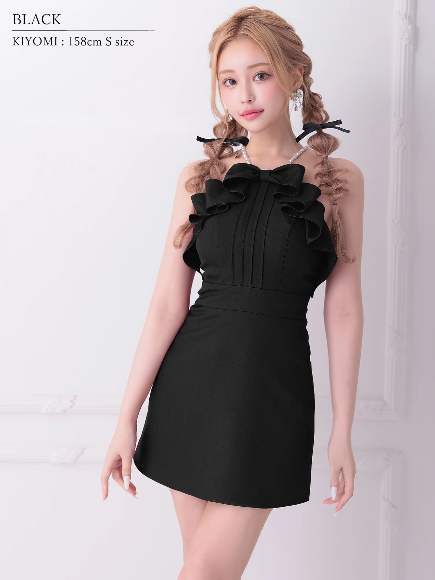 ガーリー キャミソール パールショルダー フリルリボン フレアミニドレスのイメージ画像10