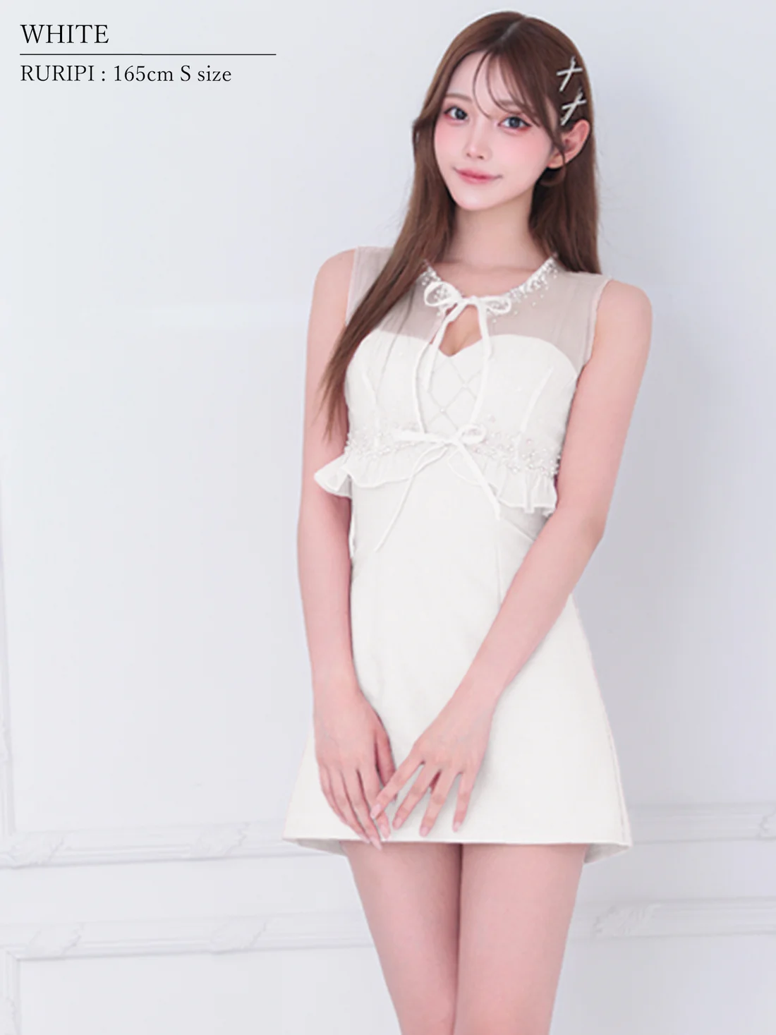2way キャミソール ビスチェ風 ノースリーブトップス フェミニン パール フレアミニドレスのイメージ画像3