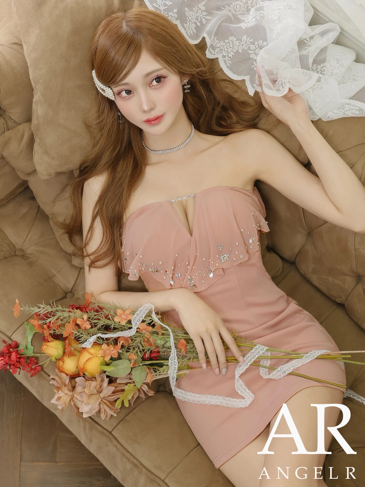 フェミニン 2way ベアトップ キャミソール バストフリル Vカット ビジュー タイトミニドレスのメイン画像