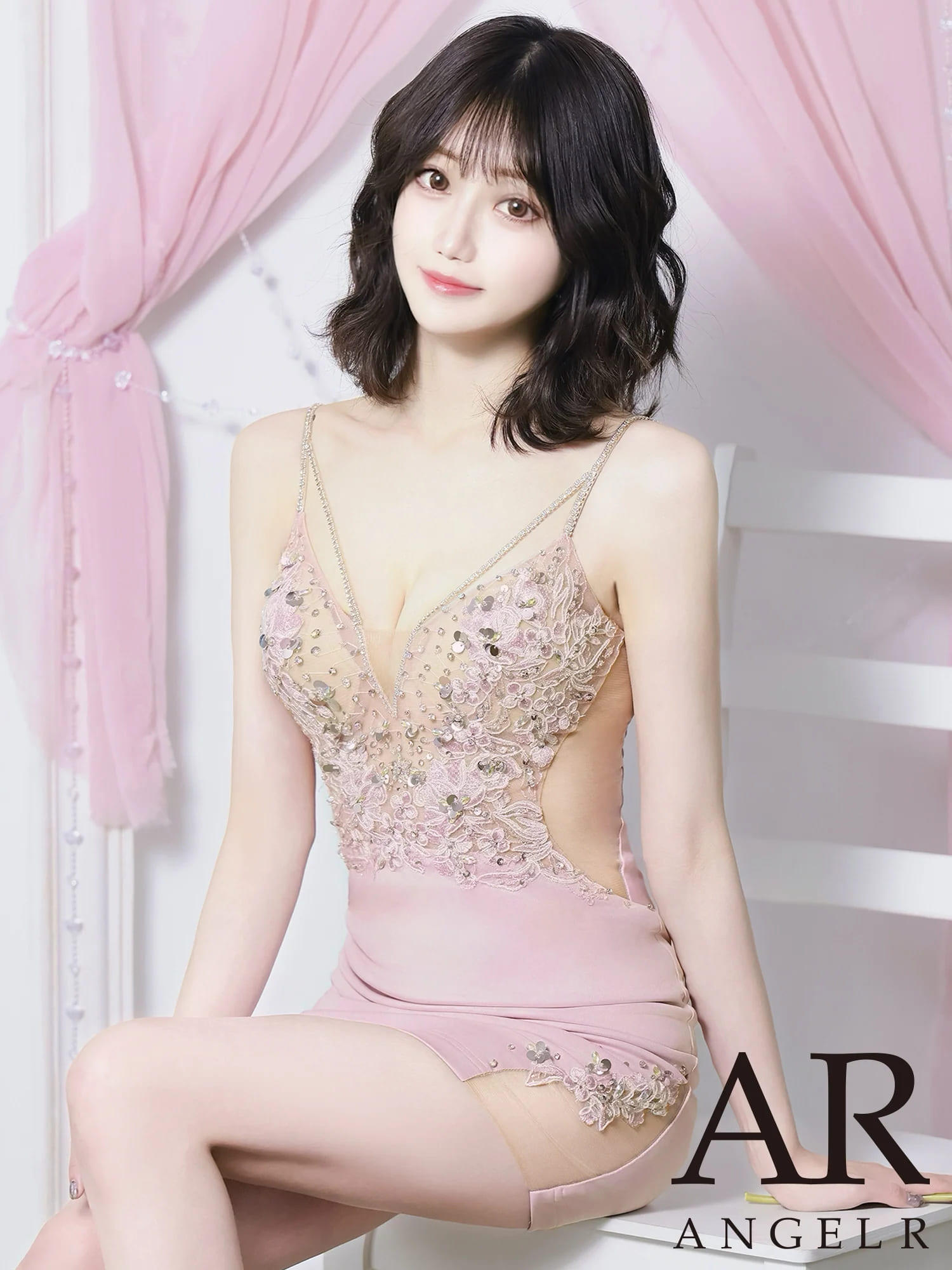 セクシー ホルターネック ビジュー シフォン デニム風 シャンブレー ダンガリー セットアップ タイトミニドレスのメイン画像