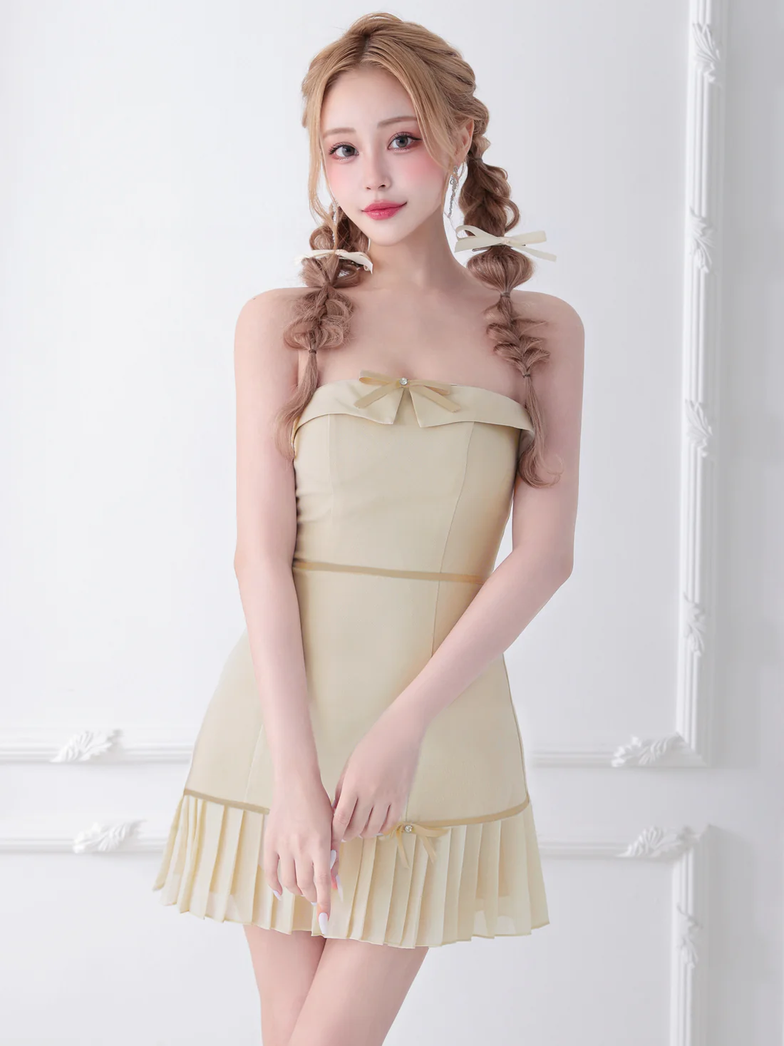 キャミソール リボン プリーツ バイカラー ガーリー ガーリー フレアミニドレスのイメージ画像3