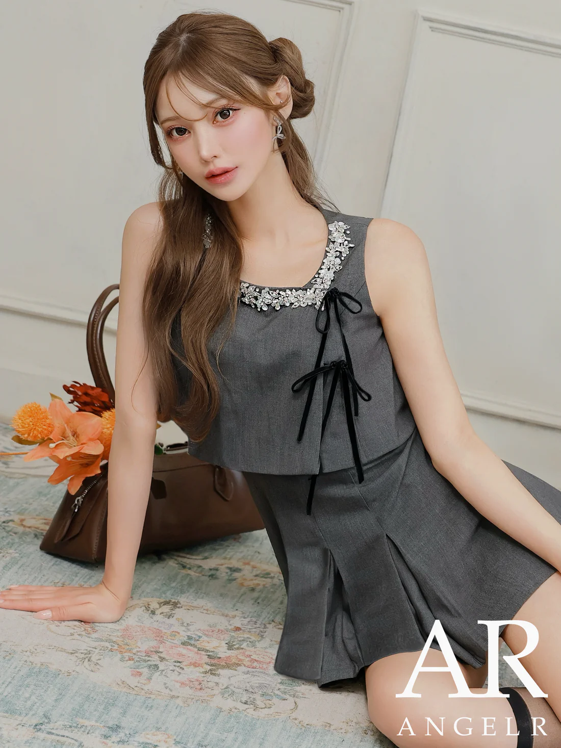 2way ノースリーブ ビジュー リボン ガーリー プリーツ トップス付き フレアミニドレスのメイン画像