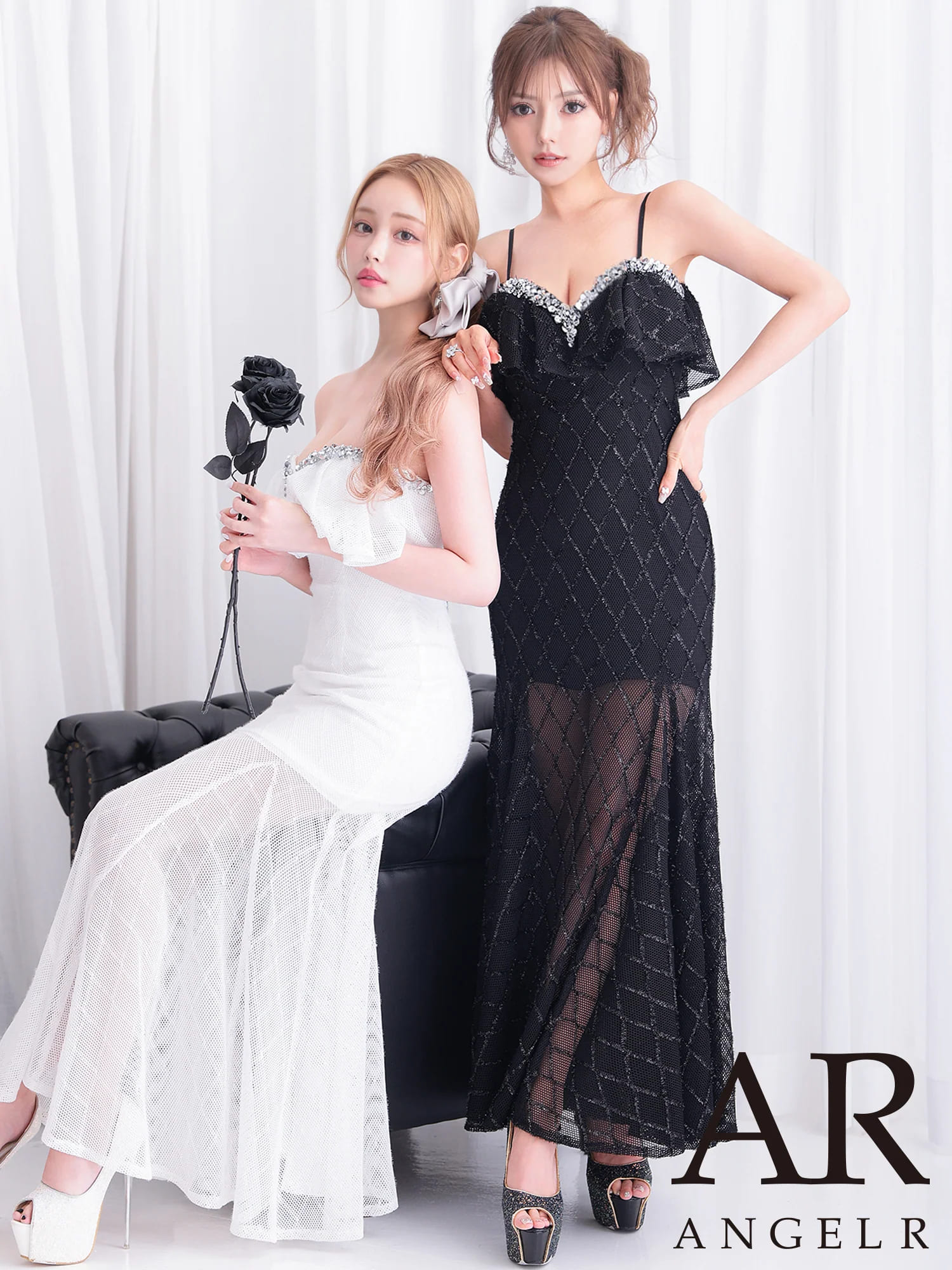 セクシー 2way ベアトップ キャミソール バストフリル ビジュー ラメライン タイトロングドレスのメイン画像