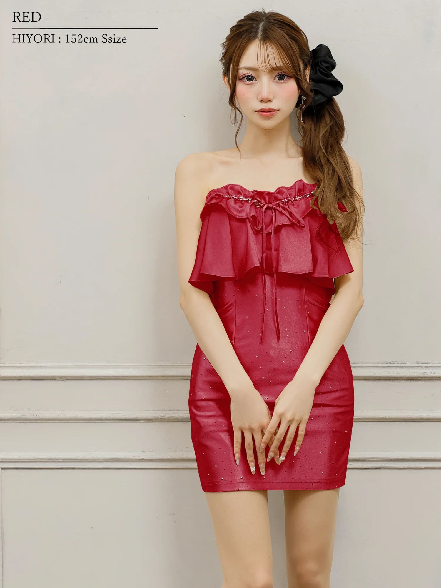 ガーリー 2way ベアトップ チェーン キャミソール バストフリル リボン ビジュー タイトミニドレスのイメージ画像8