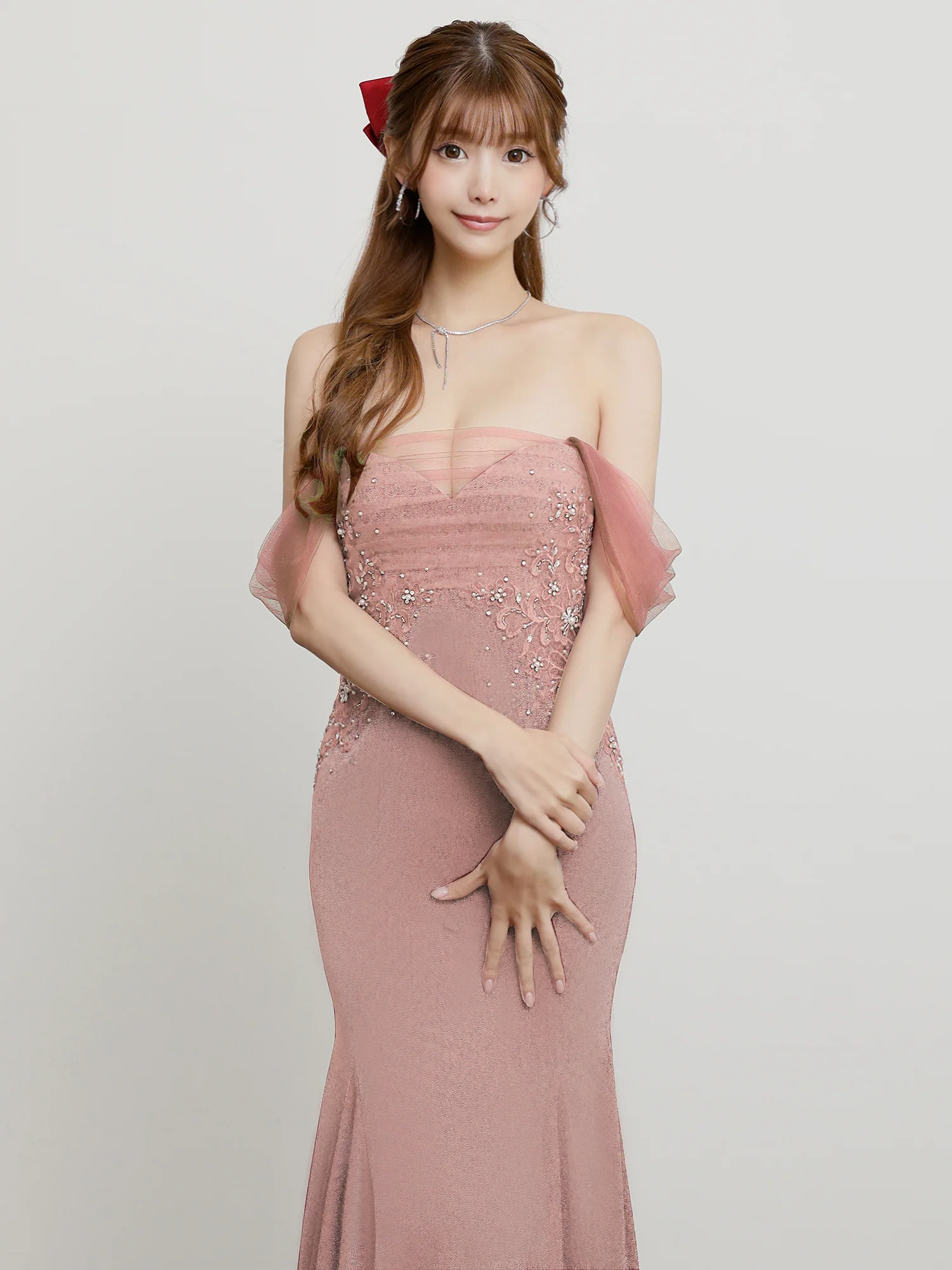 2way オフショルダー 肩あき フラワーレース セクシー ビジュー ラメ マーメイドロングドレスのイメージ画像5