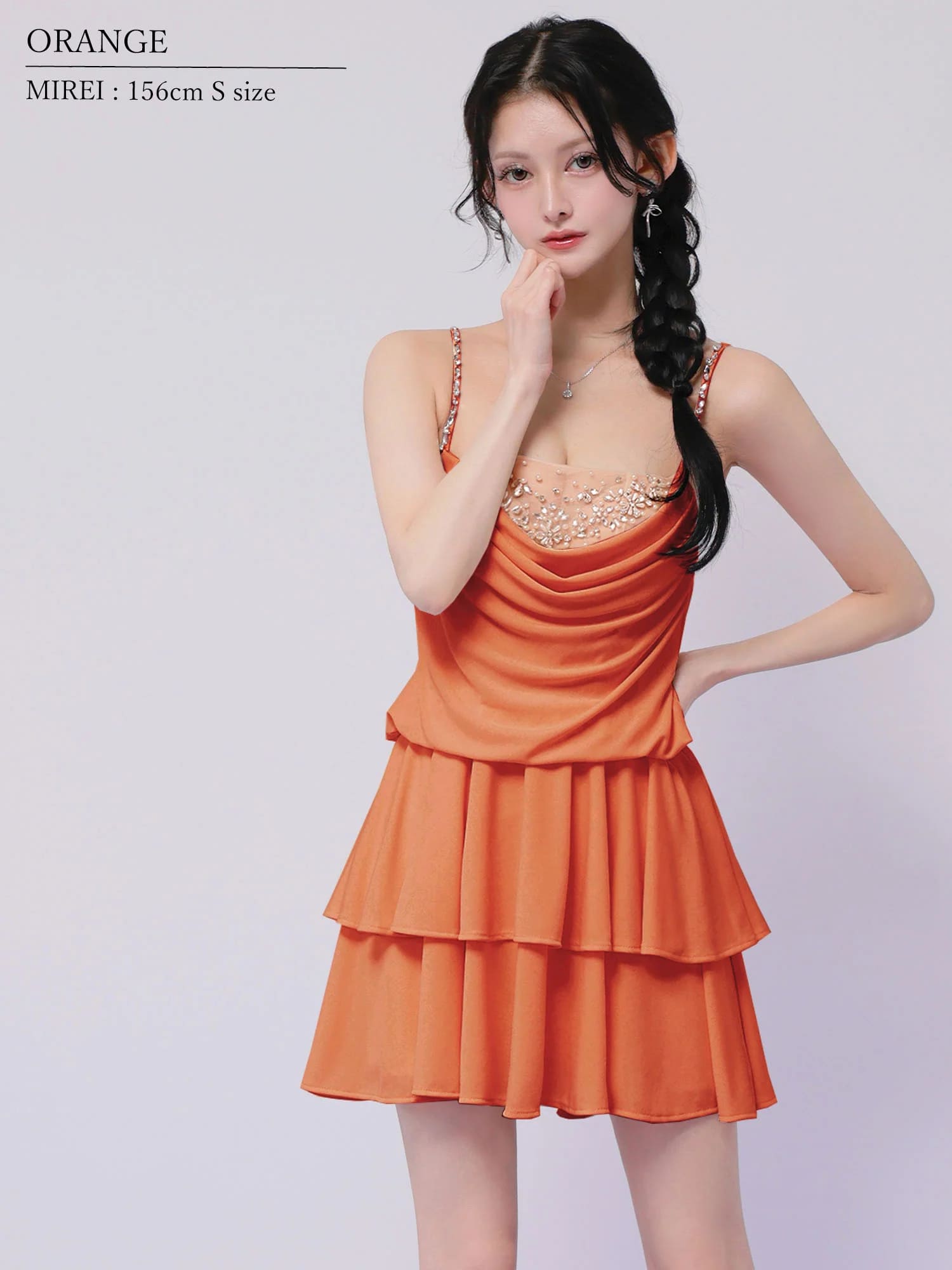 キャミソール フロントドレープ バストビジュー フリル ティアード フレアミニドレスのイメージ画像2