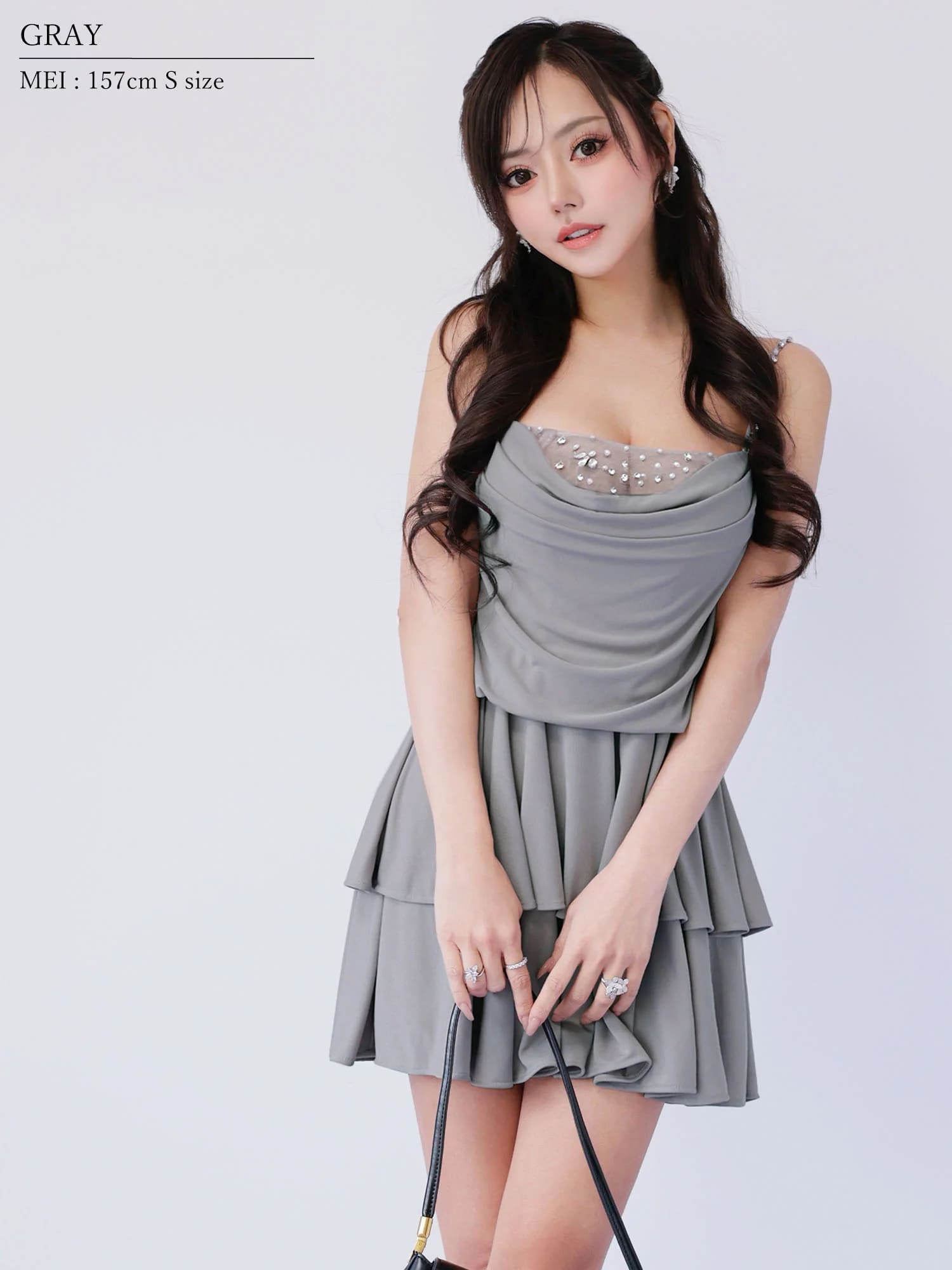 キャミソール フロントドレープ バストビジュー フリル ティアード フレアミニドレスのイメージ画像3