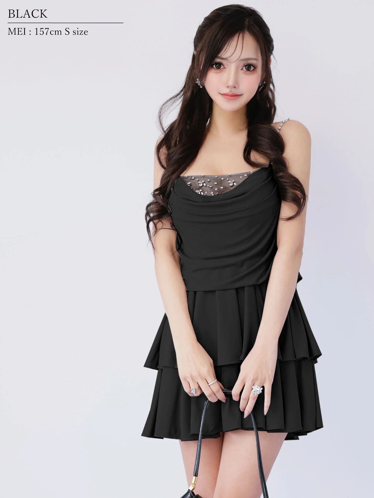 キャミソール フロントドレープ バストビジュー フリル ティアード フレアミニドレスのイメージ画像5