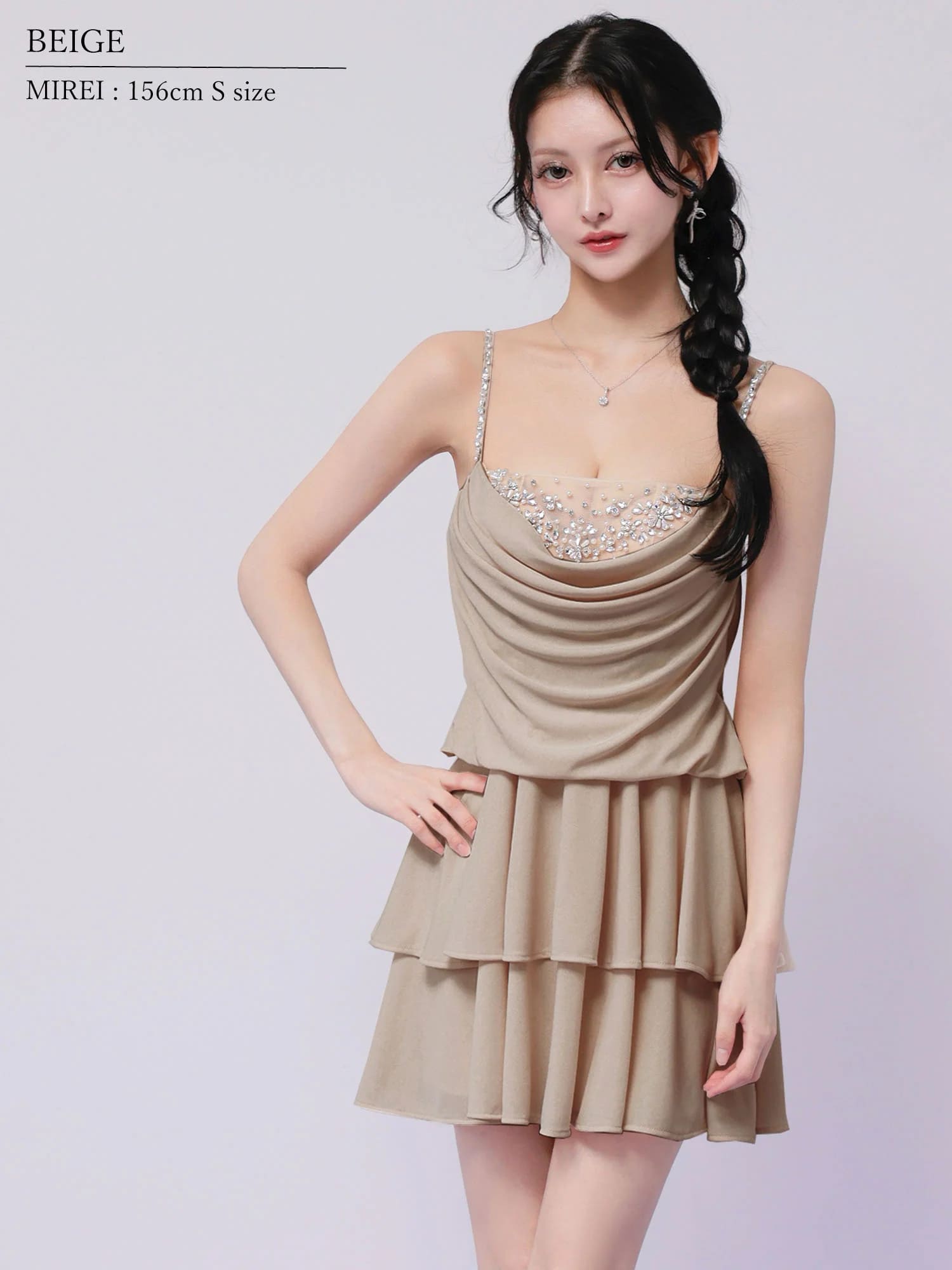 キャミソール フロントドレープ バストビジュー フリル ティアード フレアミニドレスのイメージ画像7