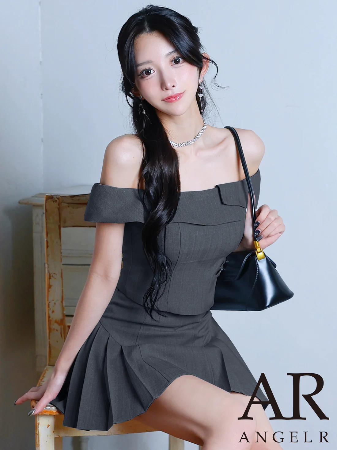 2way オフショルダー 肩開き セットアップ プリーツスカート レイヤード フレアミニドレスのメイン画像