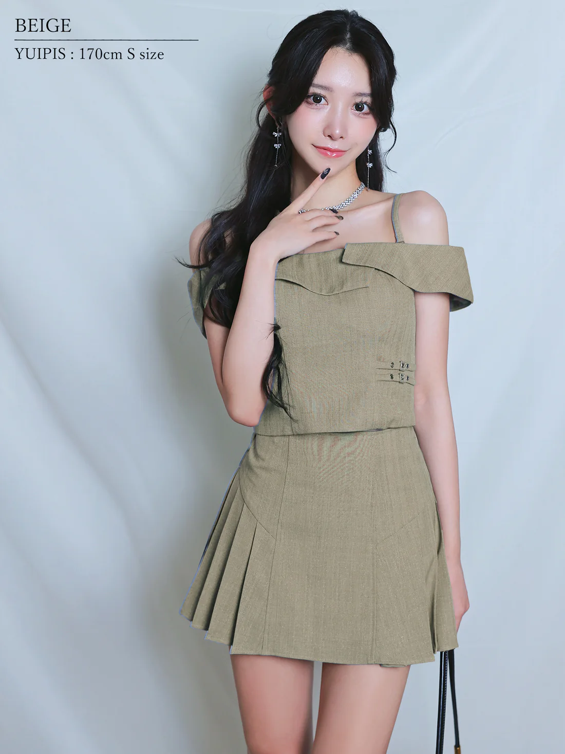 2way オフショルダー 肩開き セットアップ プリーツスカート レイヤード フレアミニドレスのイメージ画像3