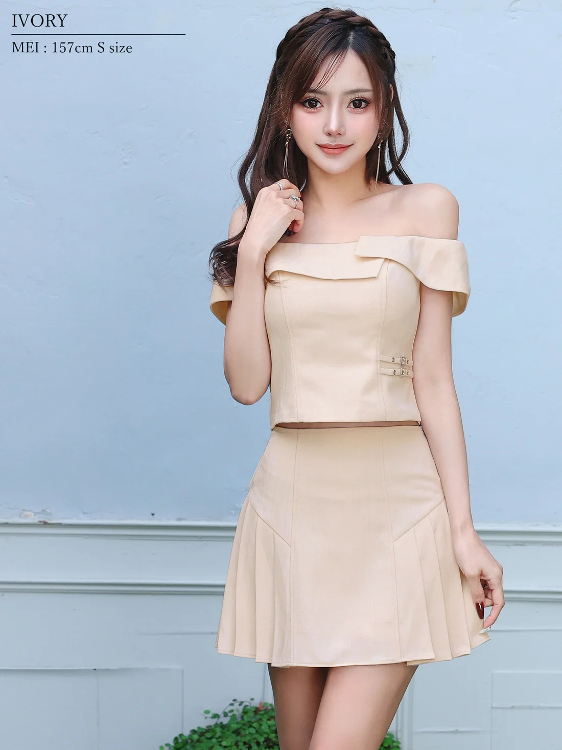 2way オフショルダー 肩開き セットアップ プリーツスカート レイヤード フレアミニドレスのイメージ画像5