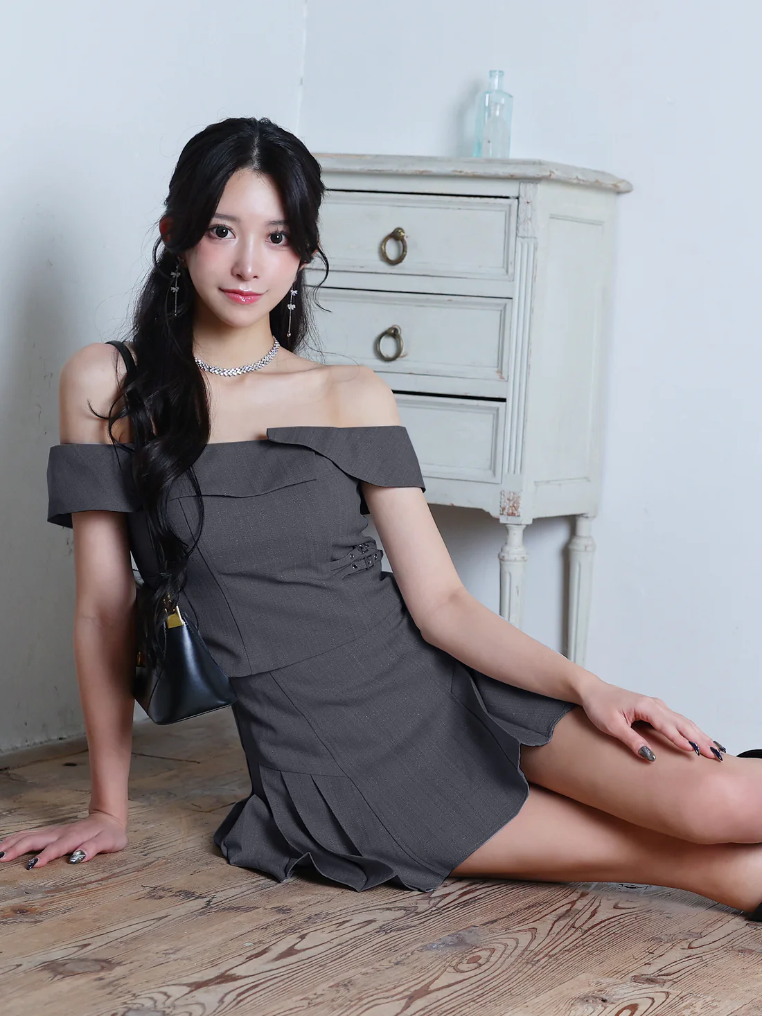 2way オフショルダー 肩開き セットアップ プリーツスカート レイヤード フレアミニドレスのイメージ画像1