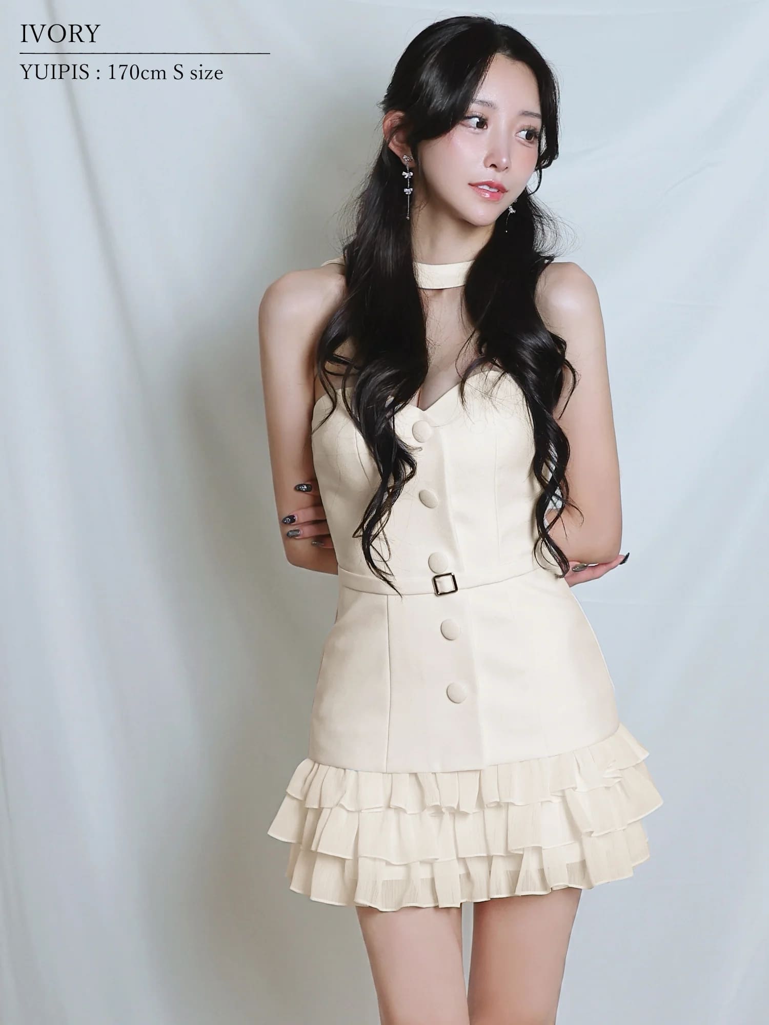 2way ベアトップ チョーカーデザイン ボタン ウエストベルト フリル フレアミニドレスのイメージ画像3