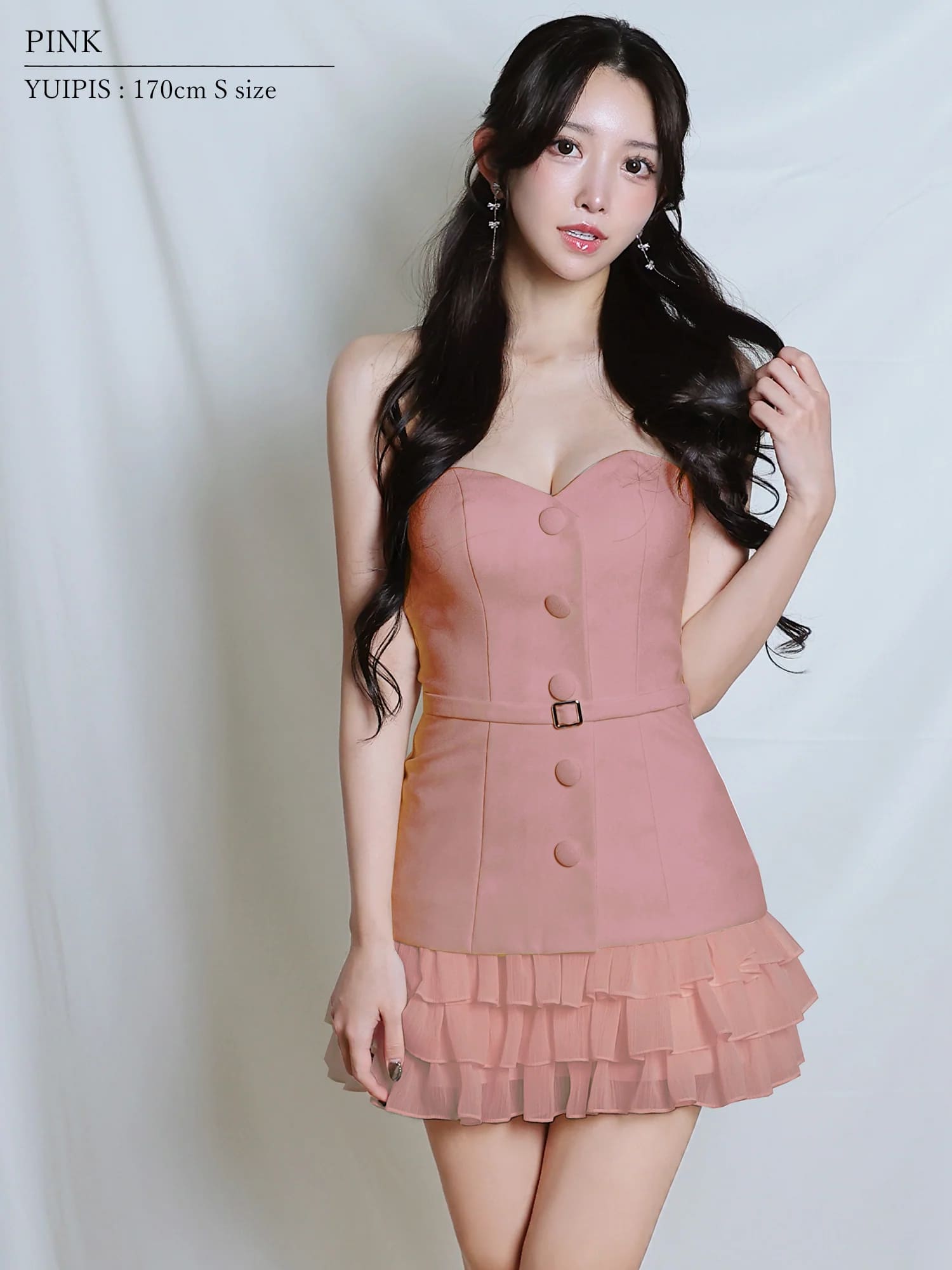 2way ベアトップ チョーカーデザイン ボタン ウエストベルト フリル フレアミニドレスのイメージ画像5