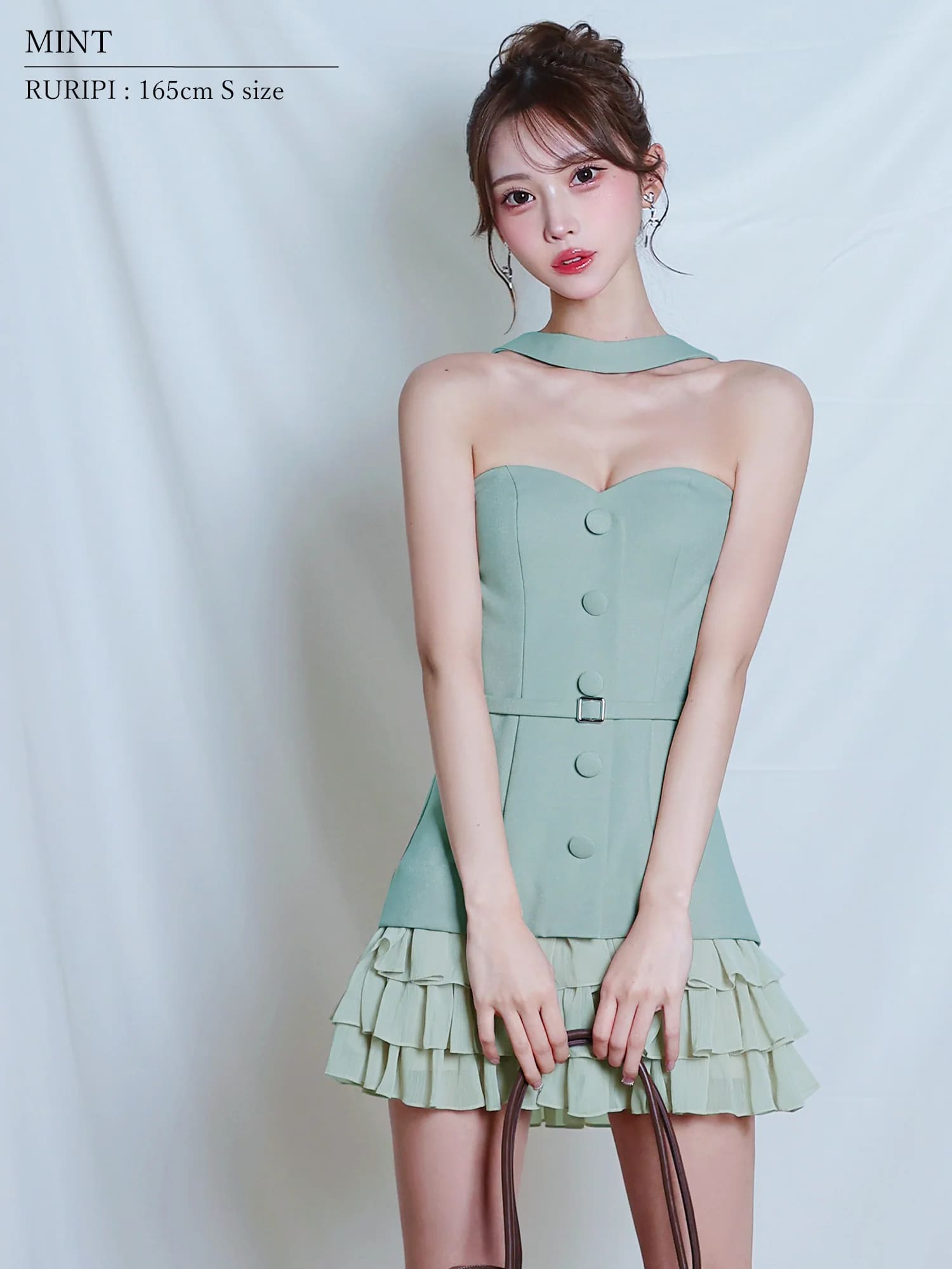 2way ベアトップ チョーカーデザイン ボタン ウエストベルト フリル フレアミニドレスのイメージ画像7