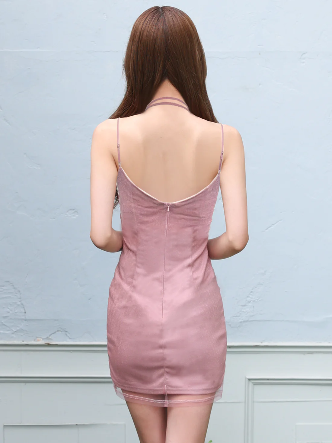 クロスネック リボン アシンメトリー ラメ ビジュー フラワー メッシュ タイトミニドレスのイメージ画像6