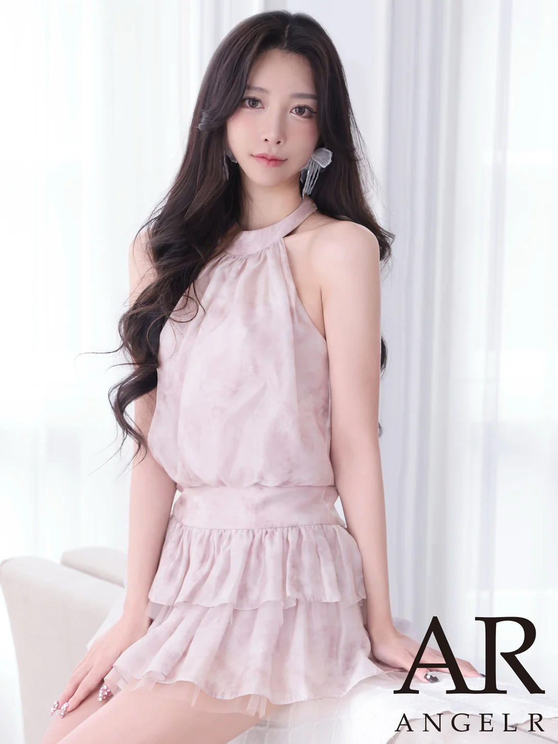 ホルターネック ティアード フラワー シフォン ウエストマーク フレアミニドレスのメイン画像