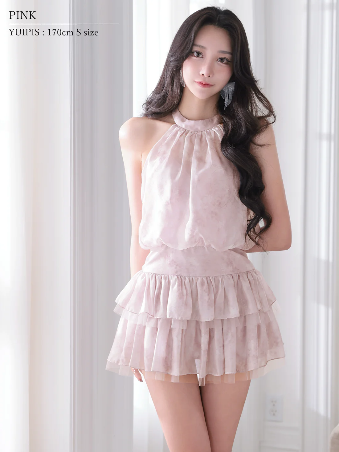 ホルターネック ティアード フラワー シフォン ウエストマーク フレアミニドレスのイメージ画像6