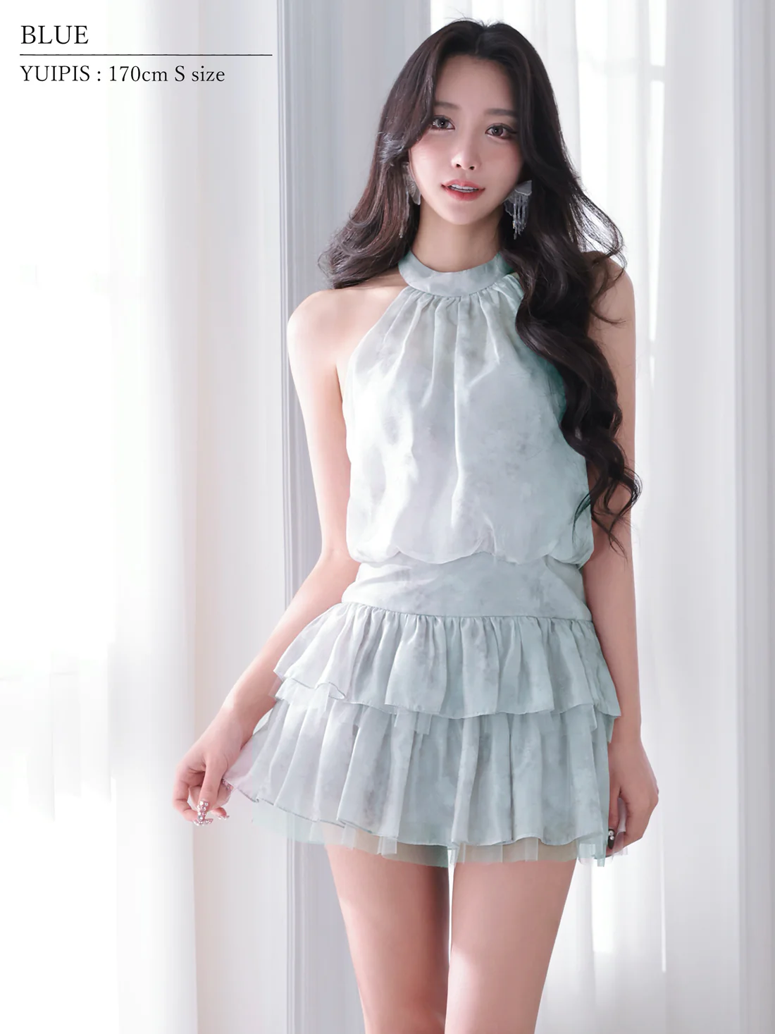 ホルターネック ティアード フラワー シフォン ウエストマーク フレアミニドレスのイメージ画像7