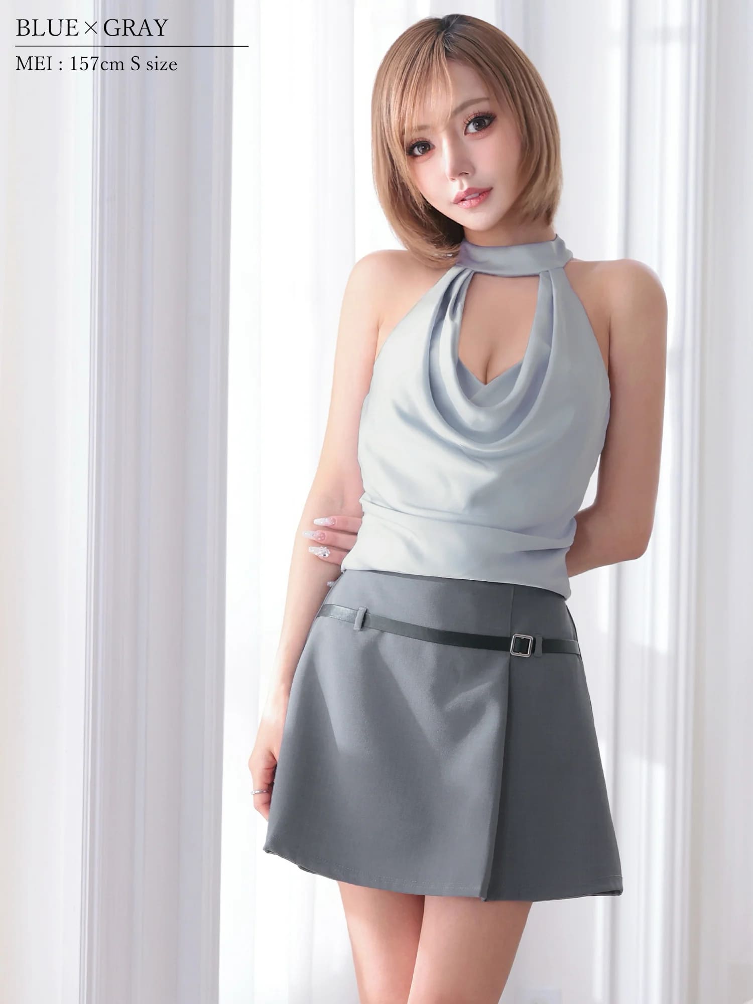 ホルターネック バストオープン ドレープ ウエストベルト シフォン バイカラー セットアップ フレアミニドレスのイメージ画像5